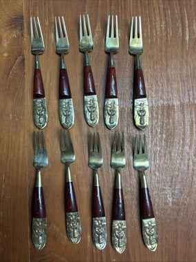 Vintage Siam Thailand Fork Salad 10 Pieces Silverware Brass Wood Handle Flatware